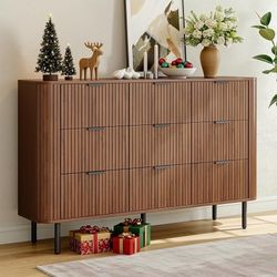 Fluted Dresser for Bedroom with 9 Drawers, 53 inch Chest of Drawers, Mid Century Modern Long Dressers with Curved Profile Design for Closet