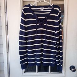 OLD NAVY Navy/White Striped Cotton Blend Knit Lace Up Sweater Pullover Sz L
