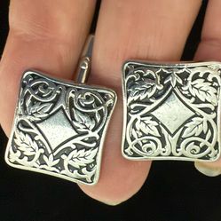 Vintage Swank Cuff Link Set Shiny Silver Scrolled Leaves