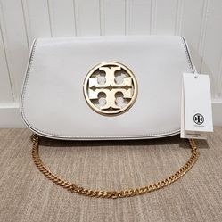 NWT! TORY BURCH Leather Reva Clutch Bag (5.9"Hx10.2"Lx0.9"D) Ivory | 12.2" Chain