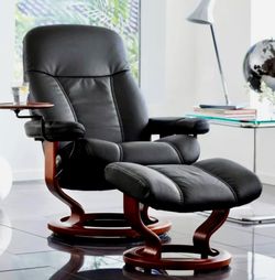 High-end Black Leather Ekornes Stressless Leather Recliner with matching Ottoman