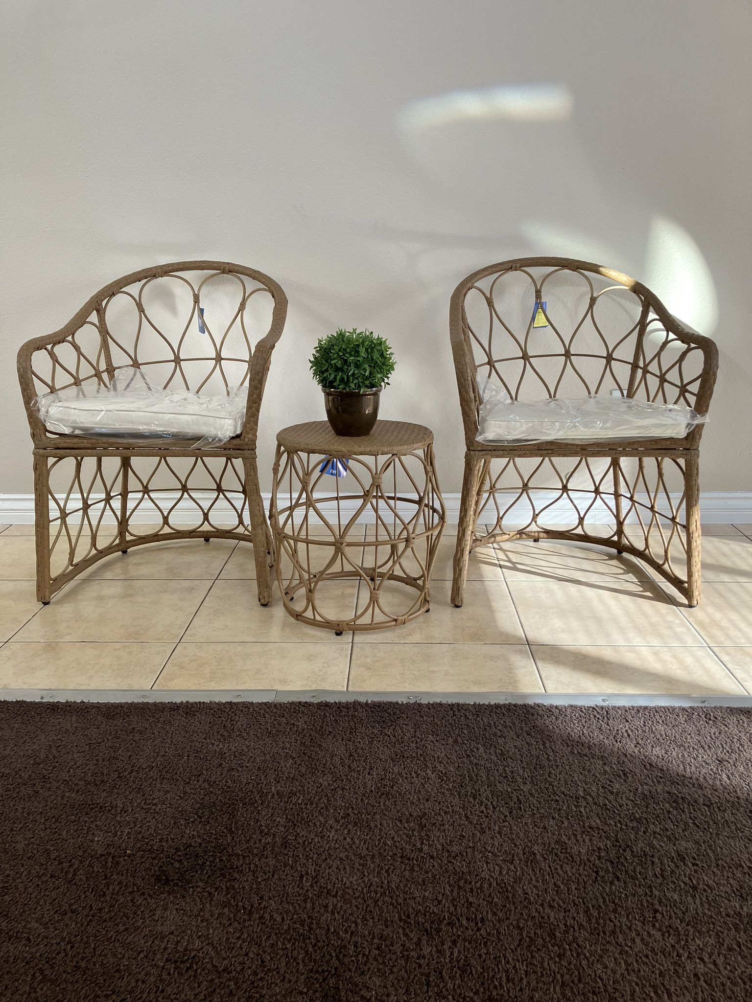 3 Pieces Wicker Woven Chat Set Of 3 Color: Tan/Yvory