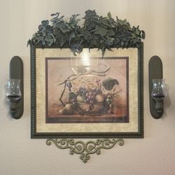 Home Interiors Vineyard Blessings Framed Picture Homco Print Fruit Botanicals with candle holder 
