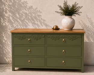 Rich Olive Green Floral Dresser – Refinished Solid Wood Style Piece
