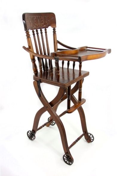 1920s Vintage Victorian Convertible Oak High Chair Stroller - Dutchess High Back Design
