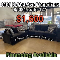 Sofa And Loveseat Black Fabric with Pillows  Brand New 