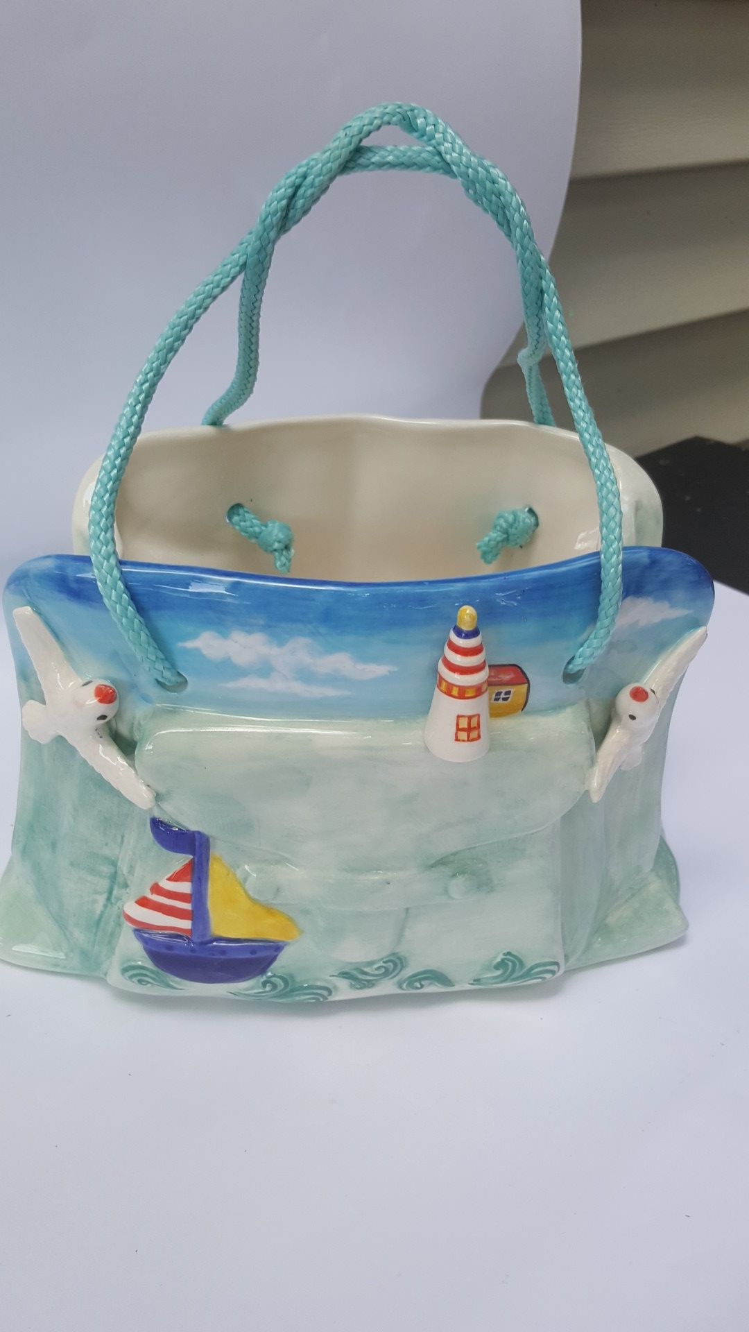 Art for ocean lovers! Ceramic Beach bag - decor seagulls light house and sail boat