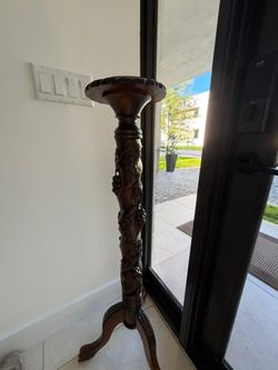Ornate Carved Wood Pedestal Plant Stand – Decorative Accent Table