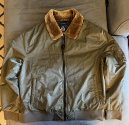 American Rag Cie Men's Olive Nylon Bomber Jacket with Brown Faux Fur Collar