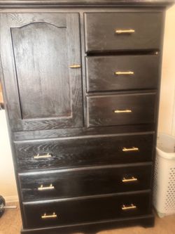 Black Wood Dresser with Cabinet and Drawers