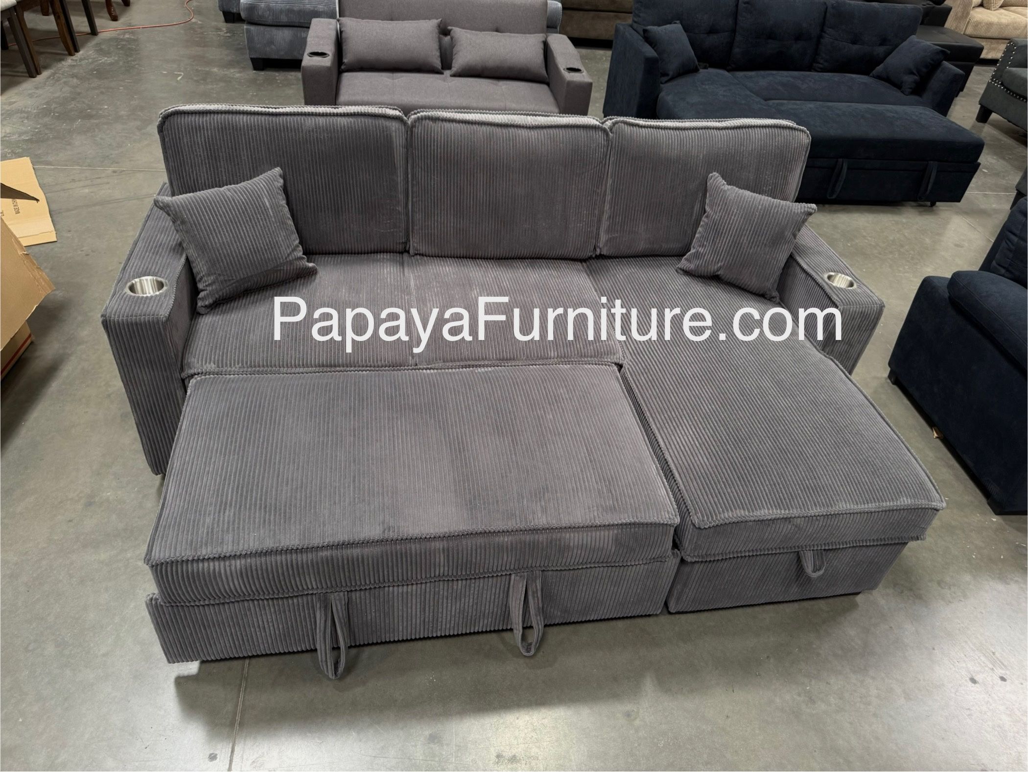 New! 89” Sectional Sofa Bed, Grey Sectional Couch, Sofabed, Corduroy Sectional, Gray Reversible Left Right STORAGE Chaise Pull-out Bed Sofa Sleeper