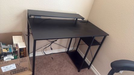 MOTPK 40'' Gaming Desk with Storage & Led Lights, Carbon Fiber Black
