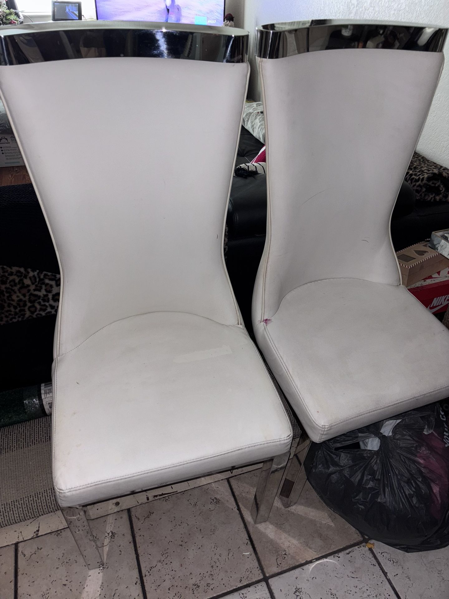 High Back White Leather Chairs Chrome Legs/Top