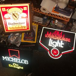 3 BEER SIGNS: Budweiser, Michelob, & Milwaukee 