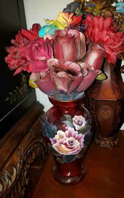 VINTAGE RED HAND PAINTED ROSE FLOWER VASE FLORAL ARRANGEMENT BOUQUET ACCENT TABLE DECOR DISPLAY ART