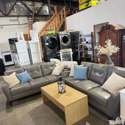 Gray leather sectional sofa