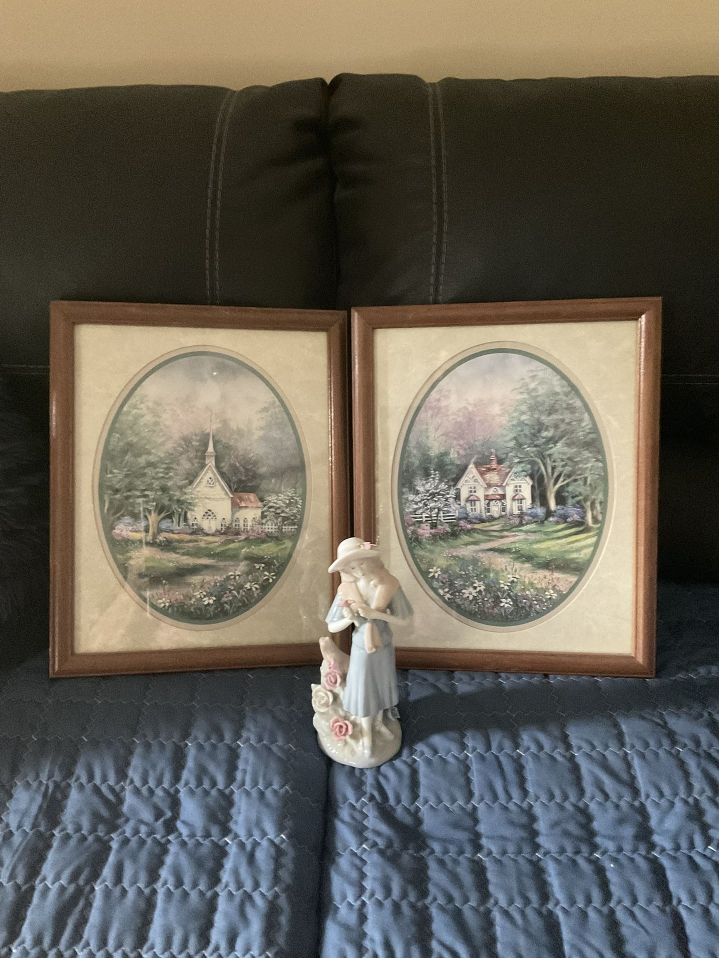 Framed Church and Cottage home interior pictures with Figurine