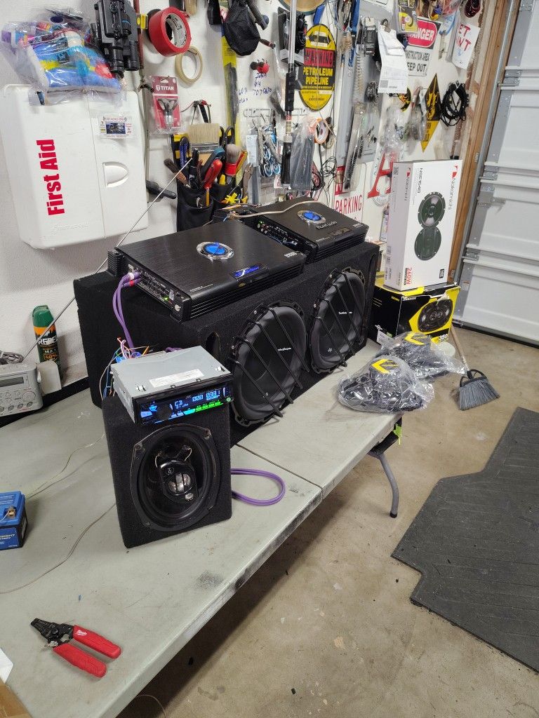 Full Audio System Rockford Fasgate P2 12inches Amps Speakers Bluetooth Stereo See Pictures Please All In Perfect Working Condition Tested Testable