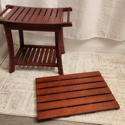 2 Pcs Bamboo Shower Bench and Mat Set, Bath Stool Seat with Storage Towel Shelf 22" x 13" x 18.6" and Shower Mat Nonslip 21.26'' x 14.17'' x 1.3'' Sui