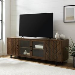 New In Box Saracina Home Vik Modern Boho 4 Door Herringbone TV Stand for TVs up to 80" - Dark Walnut