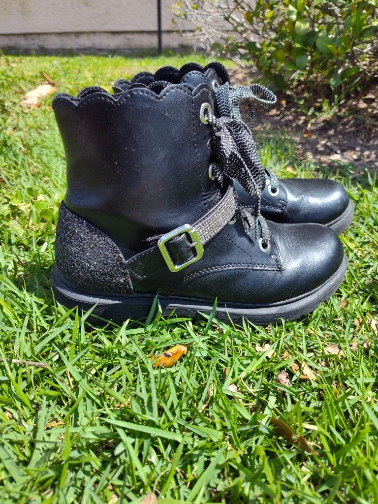 Girls Combat Boots Size 6 Black Silver Rhinestone