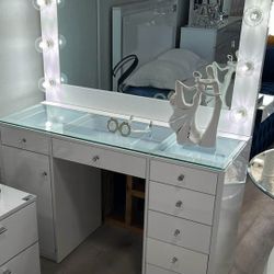 White Vanity Make Up Table New Led Lights And Drawers Glass Top 