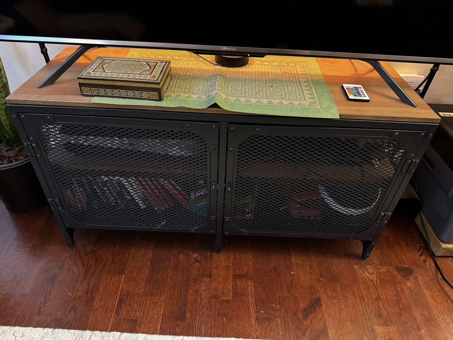 Industrial TV Stand / Media Console – Mesh Doors + Wood Top