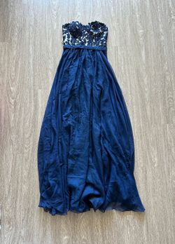 Women's navy strapless lace bodice formal dress