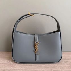 Yves Saint Laurent Grey Smooth Leather Shoulder Bag with Gold Logo Hardware, Adjustable Strap & Sleek Minimalist Silhouette