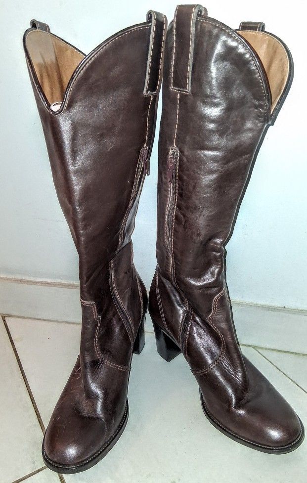 ***👢Brown Leather Upper Mid-Calf! High Heel Boots 👢!