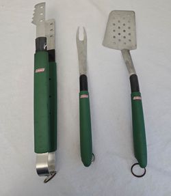 Vintage Coleman 3 piece BBQ Grill Tools Spatula Tongs Grill Fork