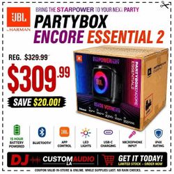 JBL PartyBox Encore Essential 2 Rechargeable 15-Hour Battery Powered Speaker Mic Input LED Lights Water Resistant Bluetooth 🚨 No Credit Needed 🚨 