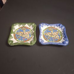 Made In Sicily, Italy 🇮🇹  Vintage Mid Century Pair Of Decorative Ceramic Souvenir Dishes Depicting Sicily, One Blue & One Green  4.5" Square
