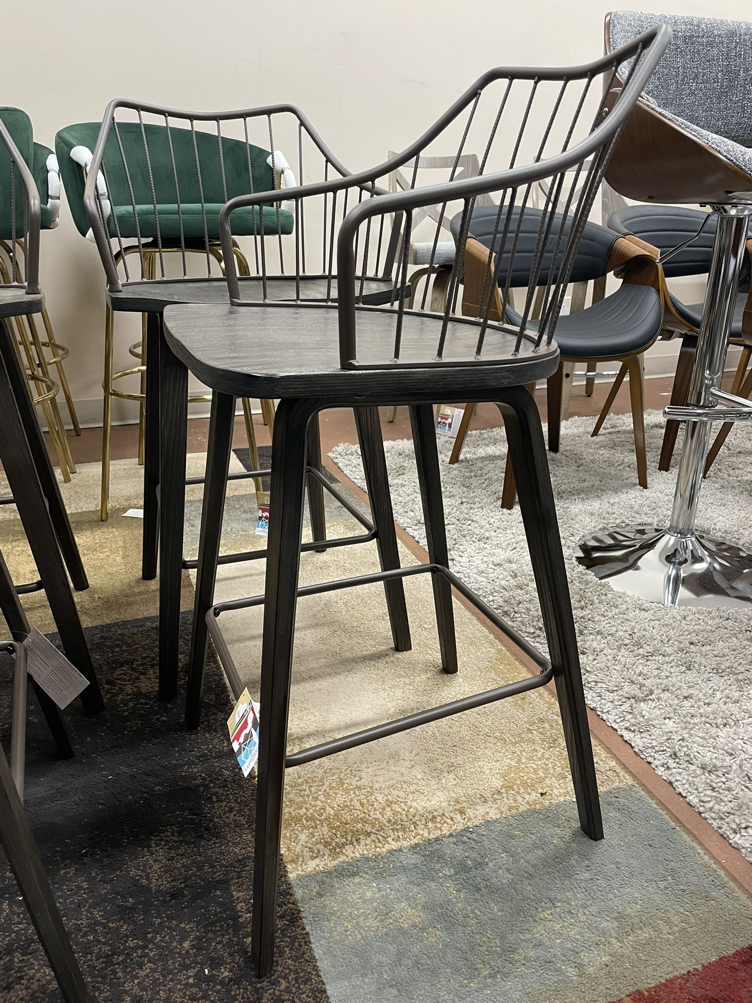 (4) Counter Stool in Dark Walnut Wood and Brown Metal