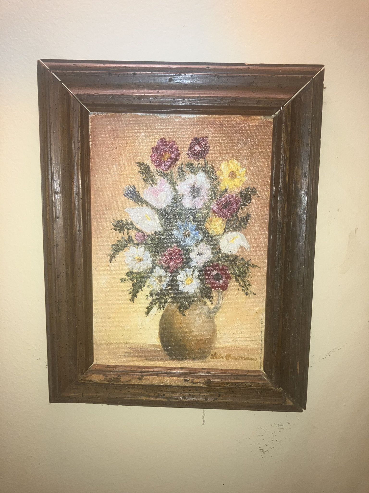 Old Framed Oil Painting of Flowers in Vase by Artist I’m Not Familiar With