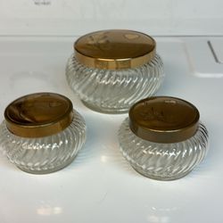 Vintage swirl ribbed glass vanity jars Set of 3 Gold tone etched lids