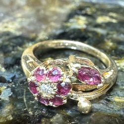 Vintage 14K Yellow Gold Ruby & Diamond Floral Cluster Ring – Size 2.5 