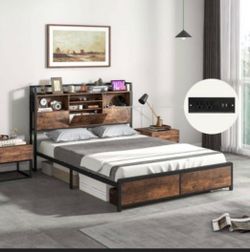 Queen Bed Frame w/ charging dock and middle drawer