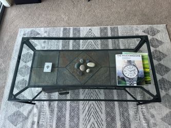 Slate Stone & Glass Coffee Table - Black Metal Frame
