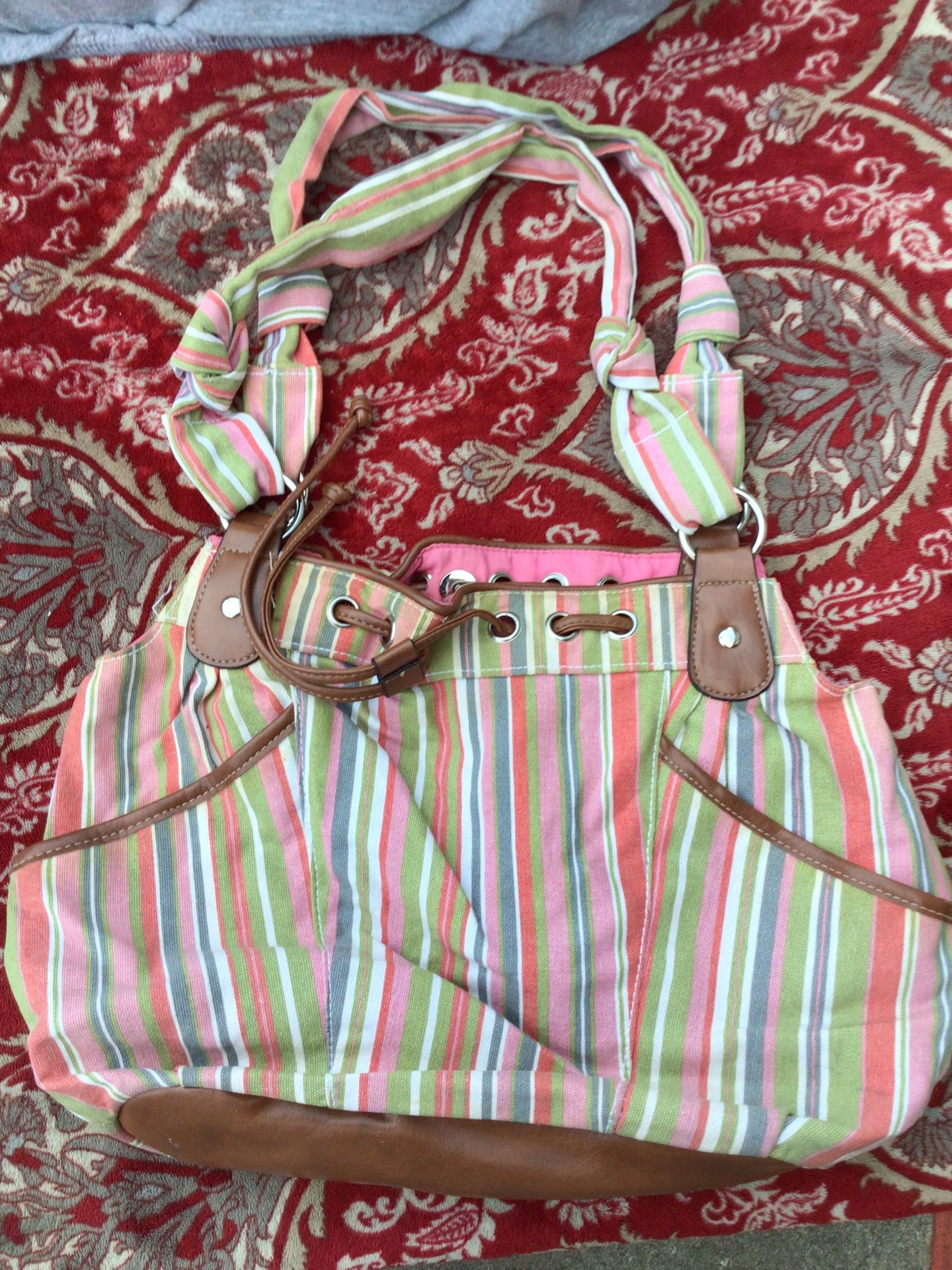 Croft And Barrow PINK blue white green red canvas leather fabric beach tote large carryall purse