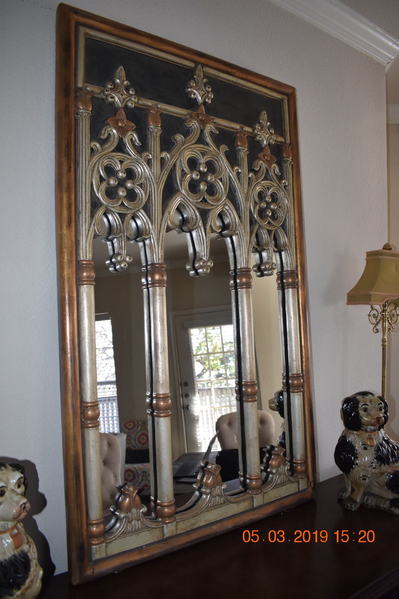 ORNATE HORCHOW DESIGNER GOLD/SILVER MIRROR. DETAILED. MAKES A STATEMENT