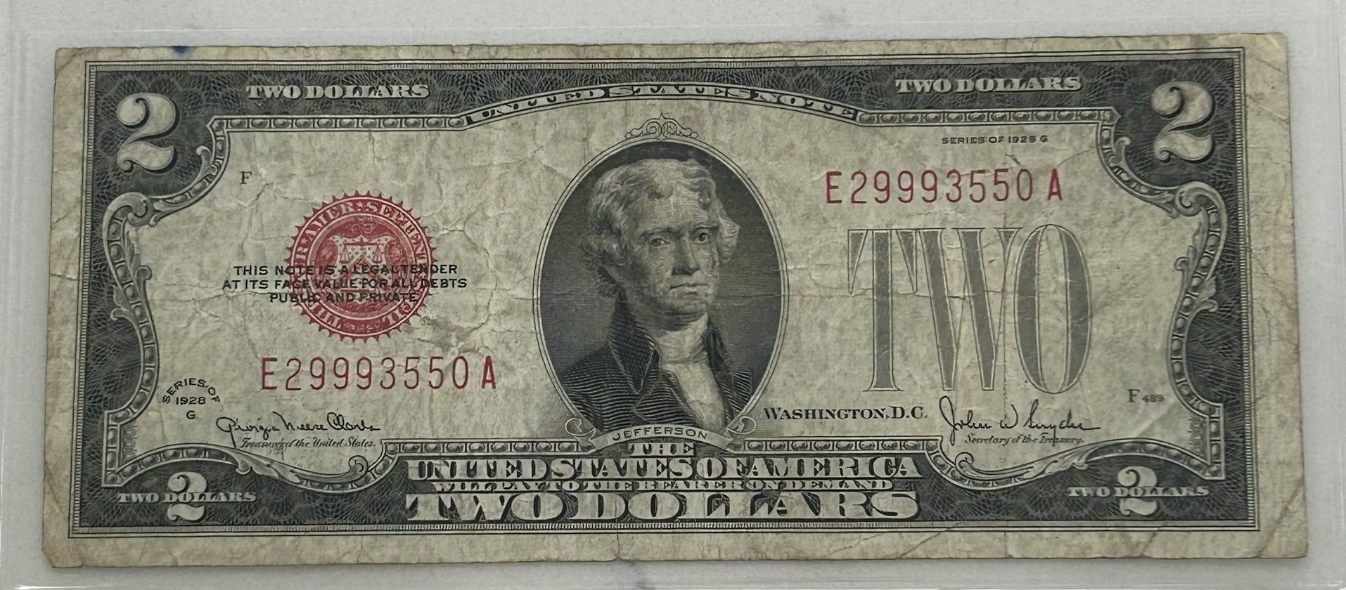 1928G Two Dollar Bill, Red Seal, United States, Note Bright Red color