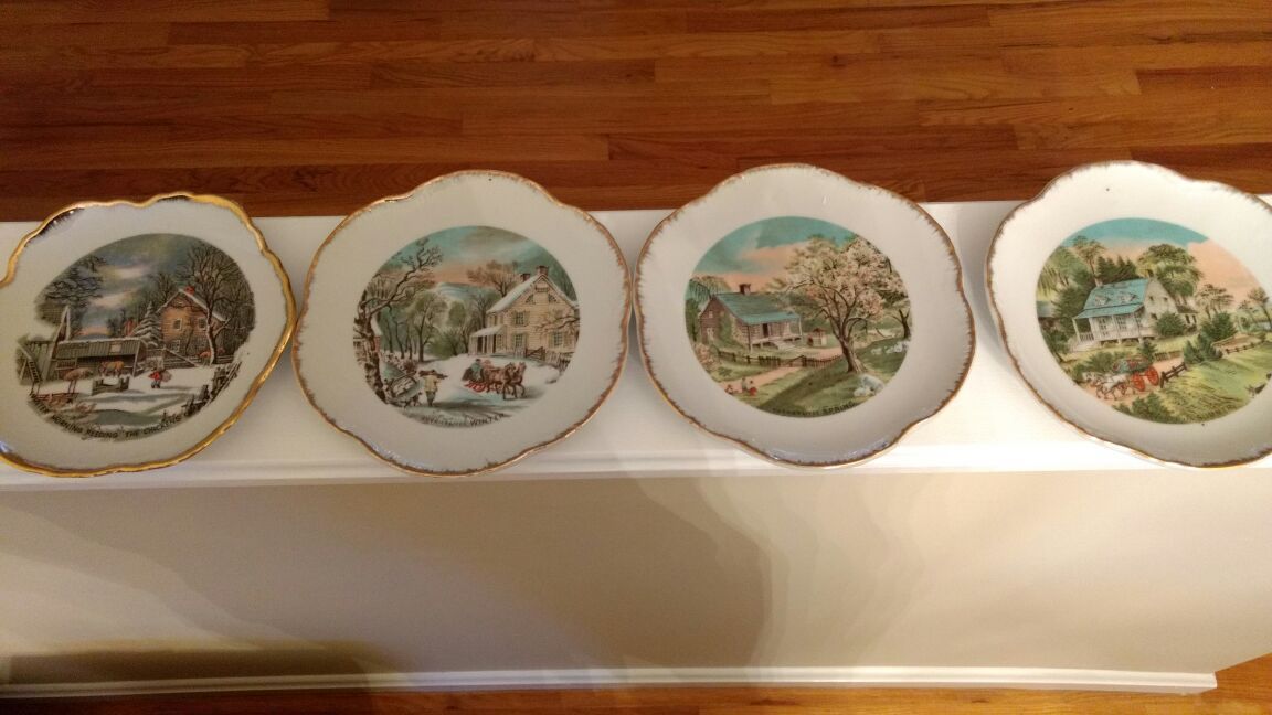 Antique Currier & Ives Gold Lined Seasons China Plates