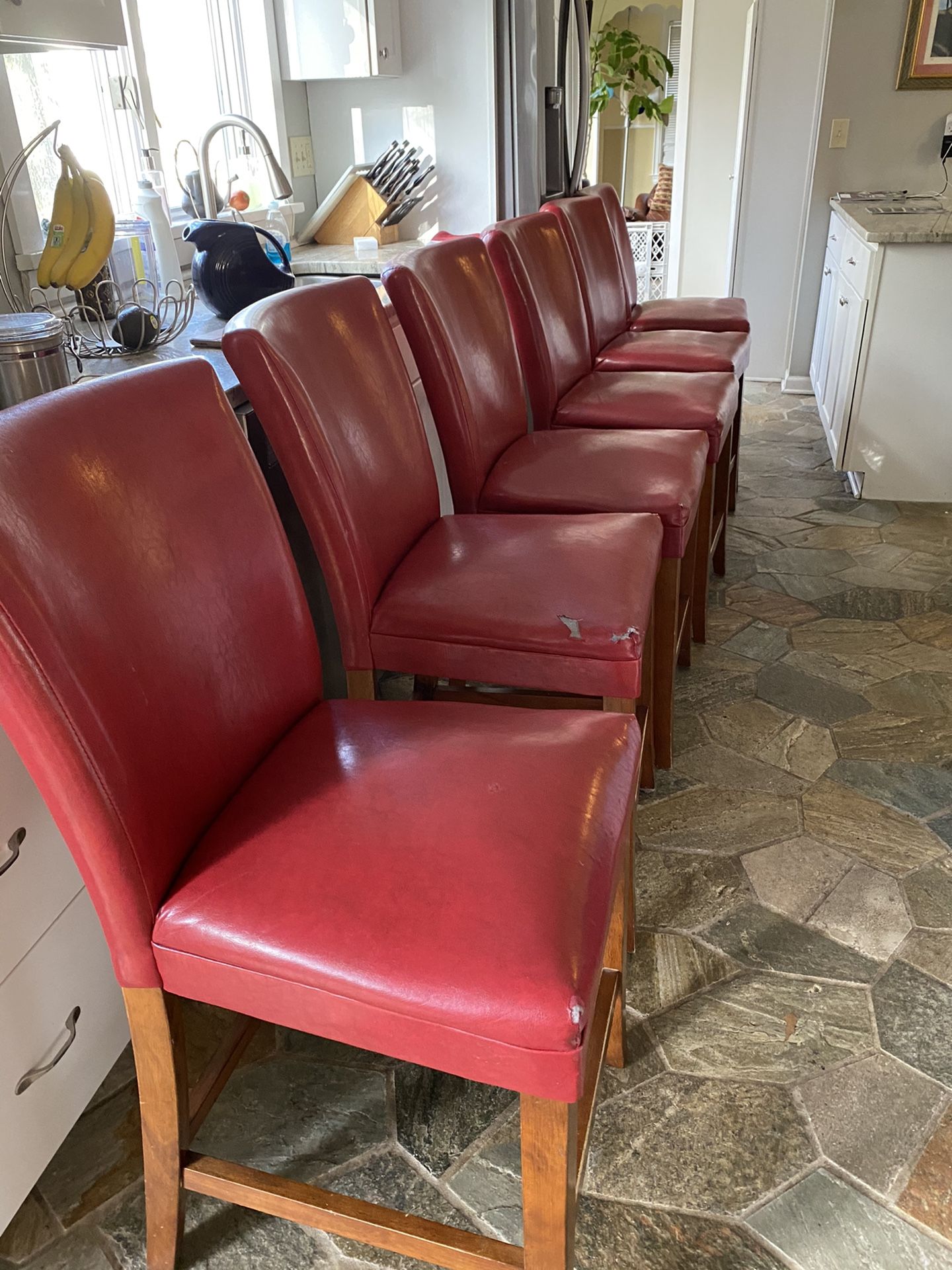 6 Red counter height dining chairs