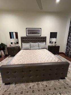 King faux leather platform bed with side rails