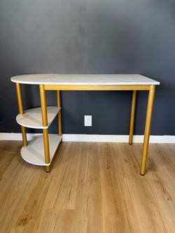 White Marble-Top Desk with Gold Legs and Shelves