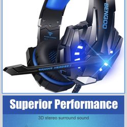 BENGOO G9000 Stereo Gaming Headset for PS4 PC Xbox One PS5 Controller, Noise Cancelling Over Ear Headphones with Mic, LED Light, 7.1 Surround Sound, S