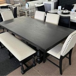 Brand New/ Regent Grayish Black Dining Room Set, Table, Chairs, Bench/ Comedor