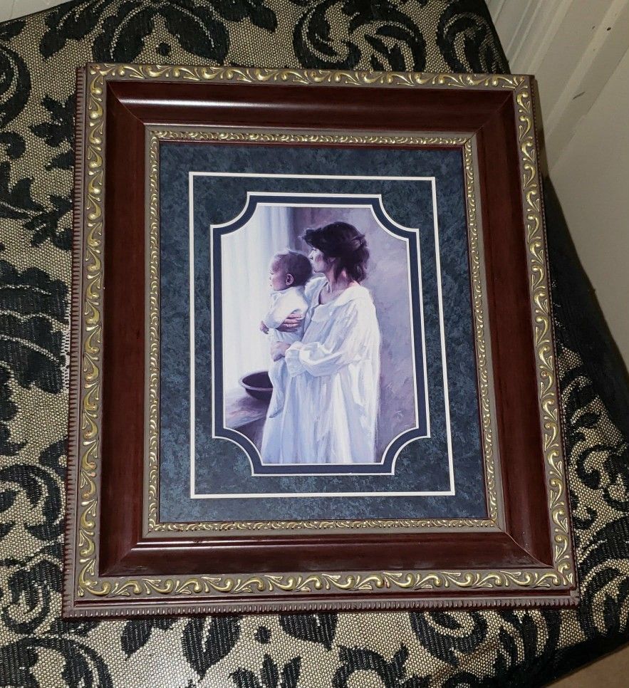 VINTAGE ORNATE GOLD BRONZE VICTORIAN FRAMED ROBERT DUNCAN MOTHER AND SON PICTURE ART DECOR