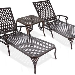 Chaise Lounge Chair Outdoor, Pool Lounge Chairs Set of 2 and 1 End Table - Cast Aluminum Tanning Chairs with Adjustable Backrest and Moveable Wheels, 
